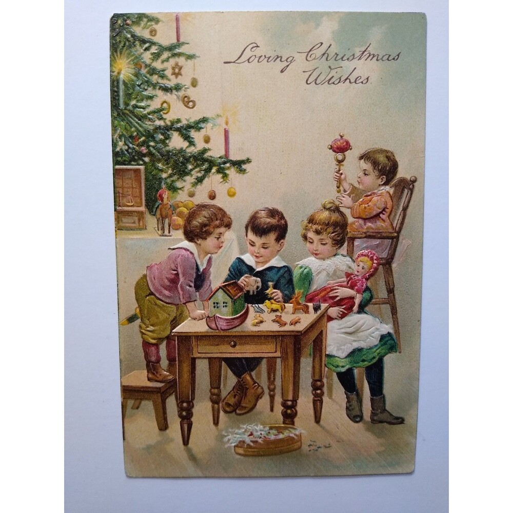 1915 Embossed Christmas Postcard Children Playing with Toys Holiday Tree